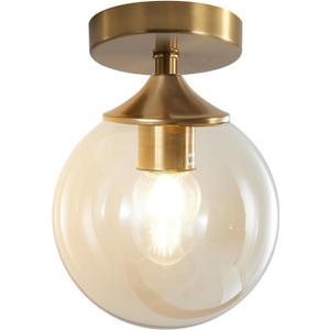 KCO Lighting Amber Glass Globe Flush Mount Ceiling Light Antique Brass Semi Flush Mount Ceiling Light Small Hallway Light Fixtures Ceiling