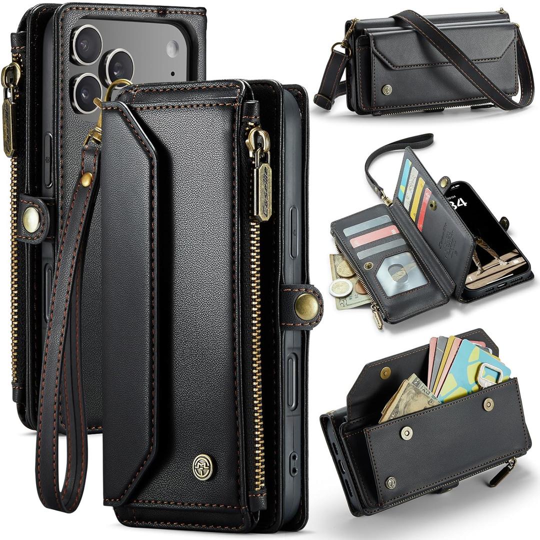 WAWZ for iPhone 17 Pro Max Case, Women Men Multi-Function Wallet Case with Stand RFID Blocking Featuring Magnetic Closure Zipper Includes Shoulder Strap Wrist Strap (Black)