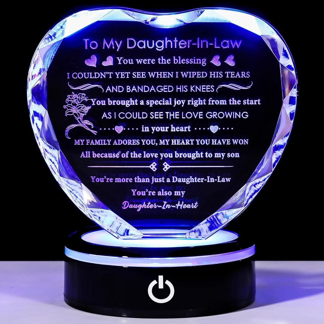 YWHL Daughter in Law Birthday Gifts with Colorful LED Base Crystal Heart to My Daughter in Law Gift Idea on Wedding Day Anniversary Bonus Daughter Presents