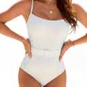 Blooming Jelly Womens One Piece Swimsuit Tummy Control Beltd Ruched Textured Bathing Suit Modest Slimming Retro Cute Swimwear (Medium, White)