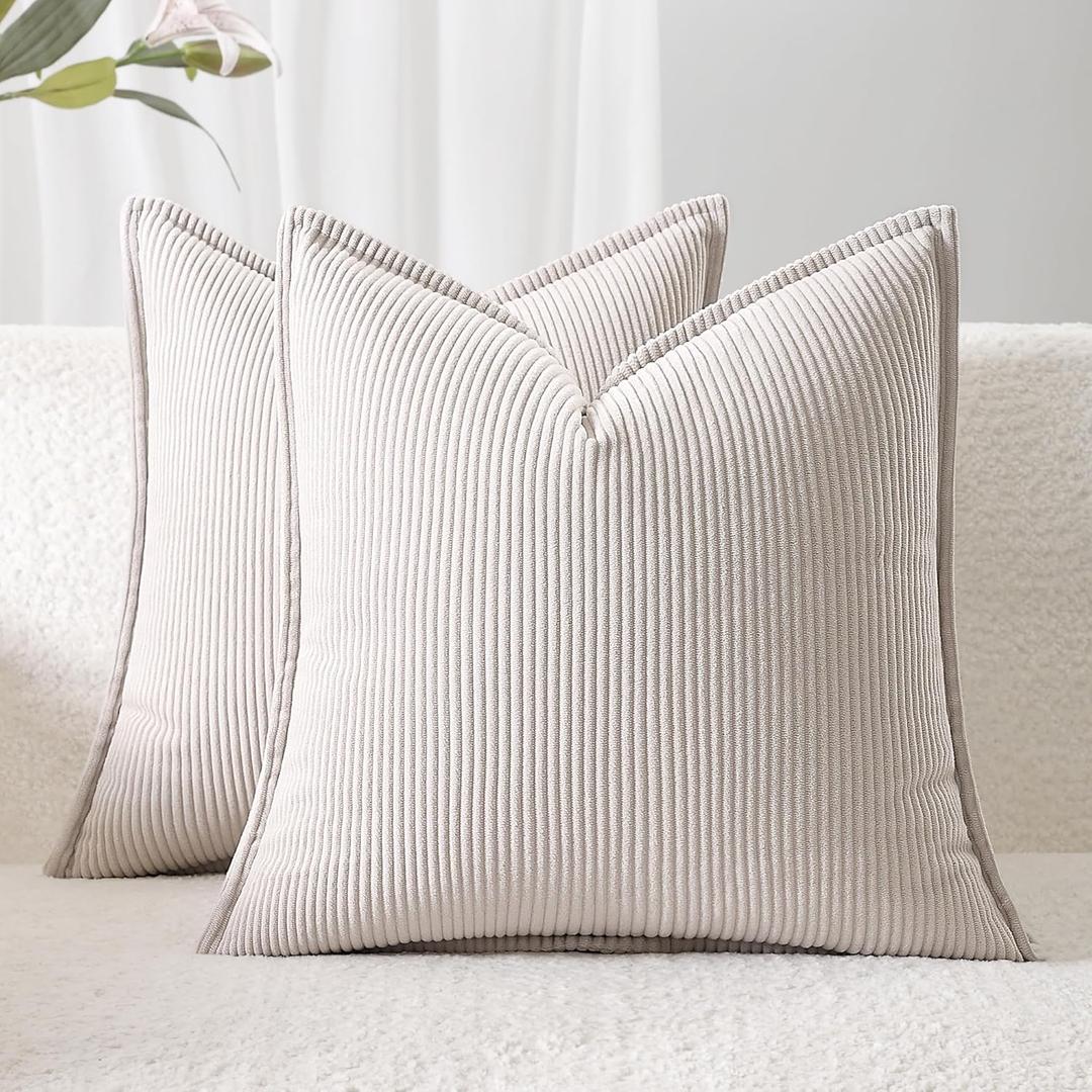 Corduroy Throw Pillow Covers 18x18 Set of 2  Boho Decorative Pillow Covers for Couch, Sofa, Bed  Soft Square Cushion Covers for Living Room Decor (No Insert) Beige