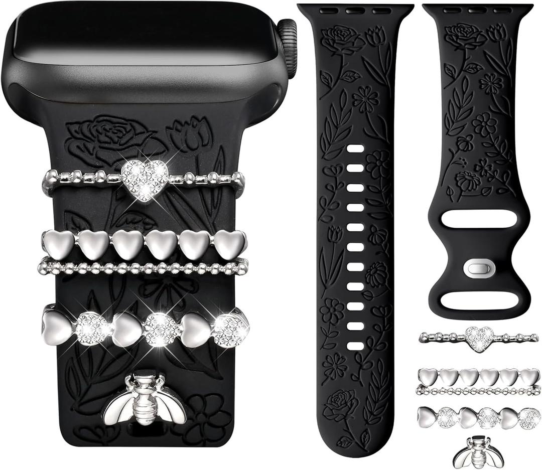 DaQin Flower Engraved Band Compatible with Apple Watch Bands 44mm 42mm 45mm 46mm for Women, Soft Silicone Strap With Decorative for Apple Watch Charms for iWatch Series 11 10 9 8 7 6 5 4 3 2 1 SE (Black Band/Silver Love)