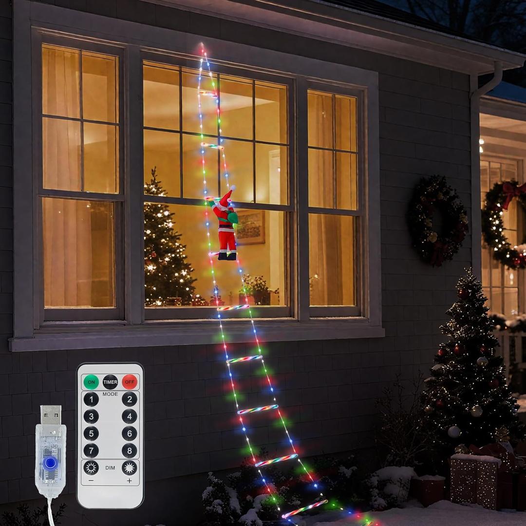 Multicolor LED Christmas Ladder Lights - 10ft Christmas Decorative Ladder Lights with Remote Control and Santa Claus, Xmas Decorations Light for Indoor Outdoor, Window, Garden, Wall, Xmas Tree Decor