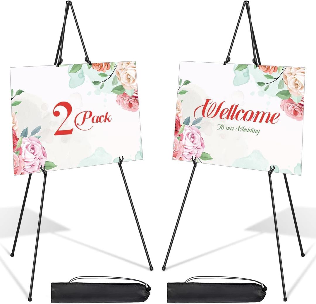 Display Easel Stand for Wedding Signs, EHWINE 2 Pack 63 Inch Foldable Painting Easels, Tripod Metal Poster Easel Display Holders, Portable Lightweight Floor Display Easel Poster Board Stand