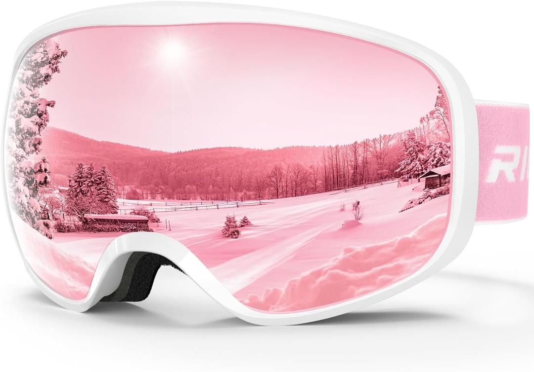 Ski Goggles Snowboard Goggles for Men Women Adults Youth, Over Glasses OTG/100% UV Protection/Anti-fog/Wide Vision (A12-white/Pink(VLT 39%)