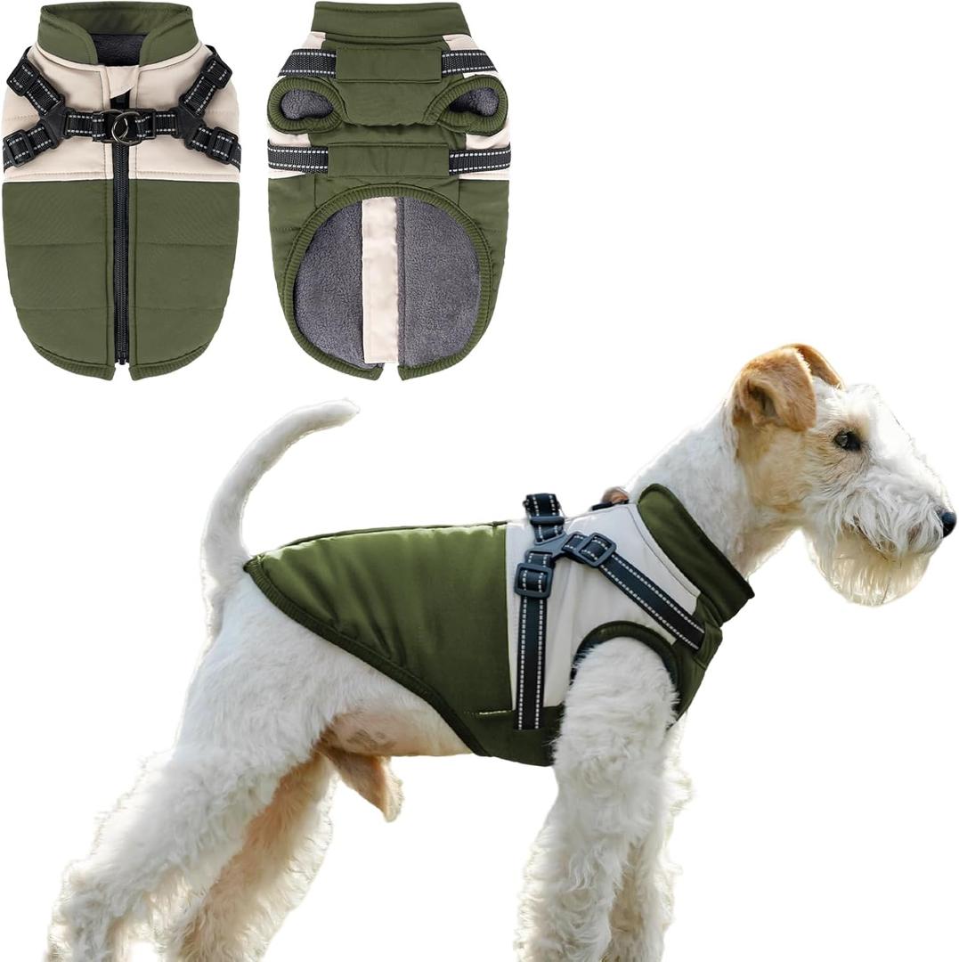 Dog Winter Coat for Small & Medium Dogs, Waterproof Dog Coat with Harness, Puppies Windproof Puppy Puffer Jacket, Snowsuit for Dachshund, Frenchie, Corgi (Classic Green,S) (Small(6-9lb))