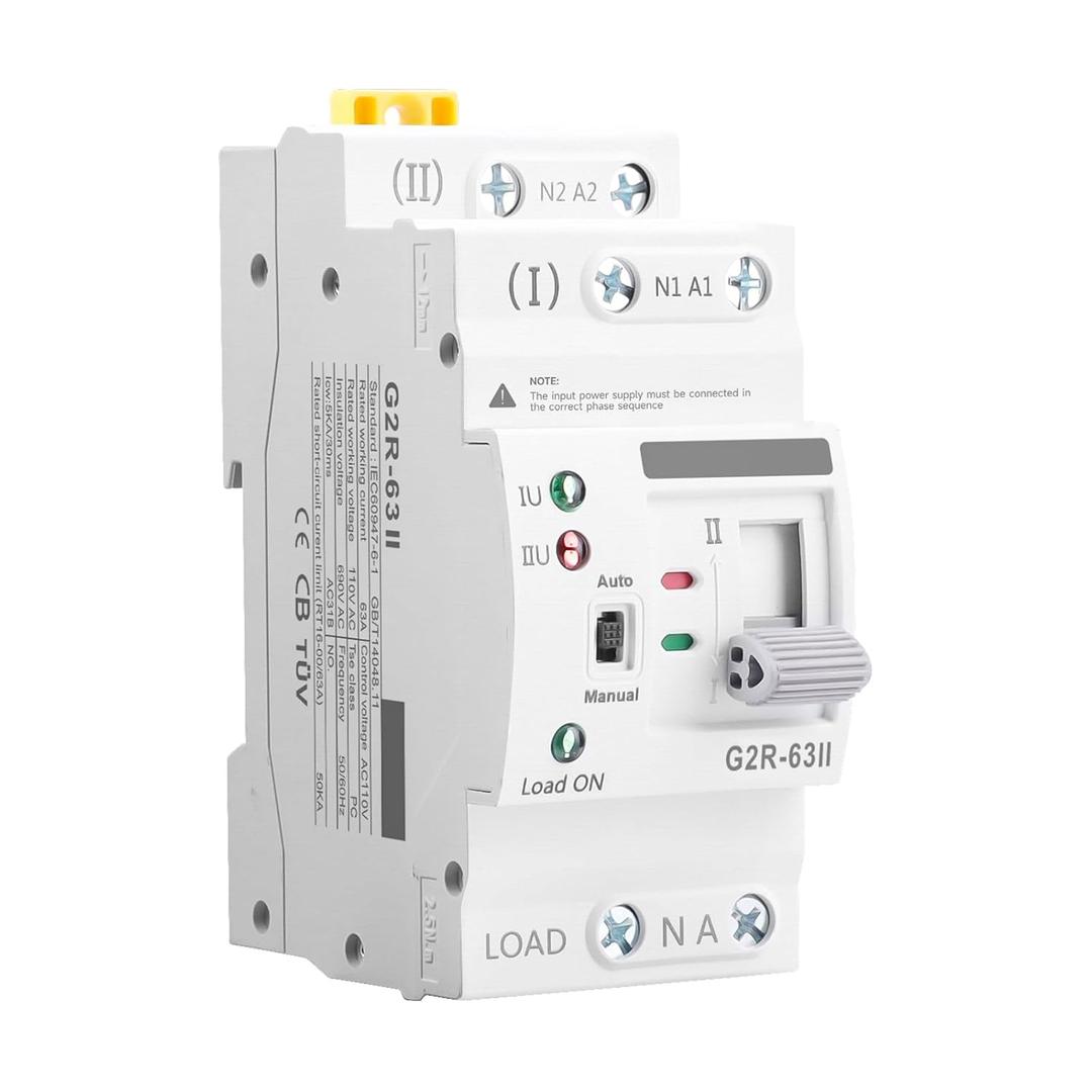 Mini ATS AC Automatic/Manual Transfer Switch 2P 63A 110V, ATS Manual Transfer for Uninterruptible Power Supply Home, Dual Auto Power Electrical Selector Switch DIN Rail MountG2R 2P 63A AC110V