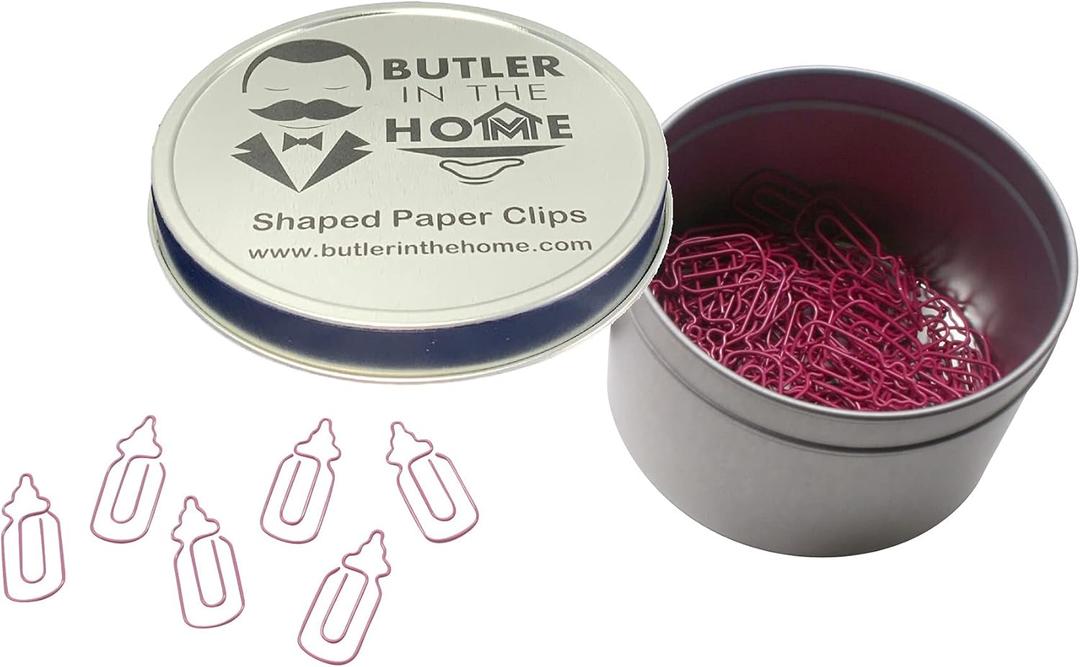 Butler in the Home 100 Count Baby Bottle Gender Reveal Shaped Paper Clips Great for Paper Clip Collectors or Office Gift - Comes in Round Tin with Lid and Gift Box (Pink)