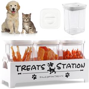 Dog Treat Container, Farmhouse Dog Food Storage Container, Cat Dog Treat Organizers and Storage with 3 Jars, Wood Decorative Dog Treat Jars for Kitchen Counter