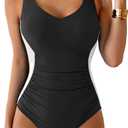 Women's One Piece Swimsuits Tummy Control Bathing Suit Color Block Slimming Swimwear Ruched Swim Suit (Large, Black and White)