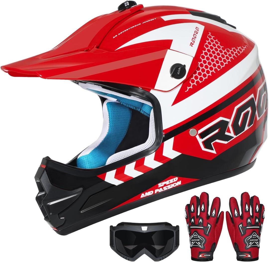 Youth Dirt Bike Helmet DOT Certified - Full Face Motorcycle Helmet for Off-Road, ATV, Street Riding, Includes Adjustable Goggles & Protective Gloves (Large, RED)