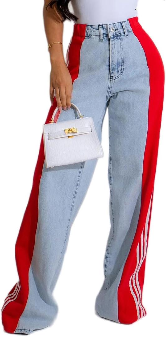 Angsuttc Womens Jeans with Patchwork Stripes High Waisted Stretchy Denim Color Block Straight Wide Leg Trendy Jean (XL)