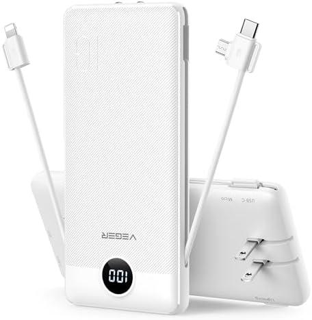 VEGER Portable Charger for iPhone Built in Cables and Wall Plug, 10000mah Slim Fast Charging USB C Power Bank, Travel Essential Battery Pack Compatible with iPhones, iPad, Samsung More Devices(White)