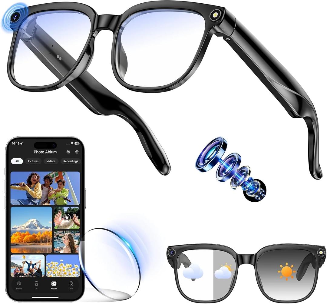 Hwagol Smart Glasses with Camera, 8MP HD Photo and Video Recording,AI Glasses with Real-Time Translation/Object Recognition/AI Voice Q&A/Recording, Calls and Music,UV & Blue Light Protection