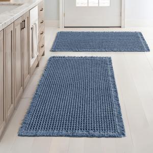 MIULEE Set of 2 Waffle Bathroom Rugs, Boho Bath Rugs Non Slip Washable, Super Absorbent Bath Mats, Ultra Soft Rubber Backed Shower Mats for Bathroom Floor, Tub and Shower, Blue, 18x30 Inch