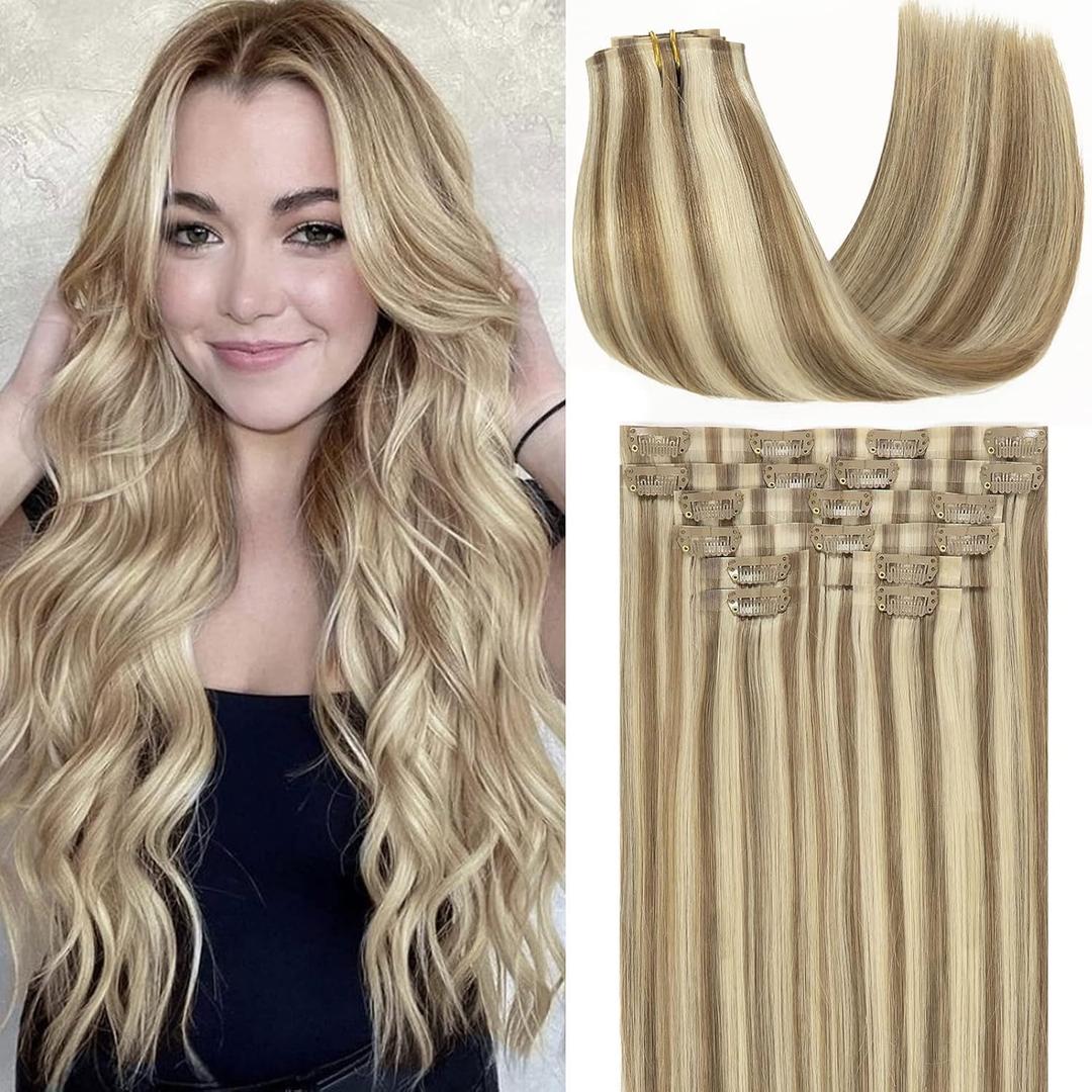 Loxxy Human Hair Clip in Extensions Ultra Invisible 18Inch 130G 7Pcs Seamless Clip in Extensions Real Human Hair Color Light Brown Mixed With Highlights Platinum Blonde (Seamless Clip-18 Inch-130G, #P8/60 Light Brown Mixed Platinum Blonde)