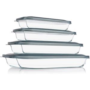 KOMUEE 8 Pieces Glass Baking Dish with Lids Rectangular Glass Baking Pan Bakeware Set with Lids, Baking Pans for Lasagna, Leftovers, Cooking, Kitchen, Fridge-to-Oven, Gray