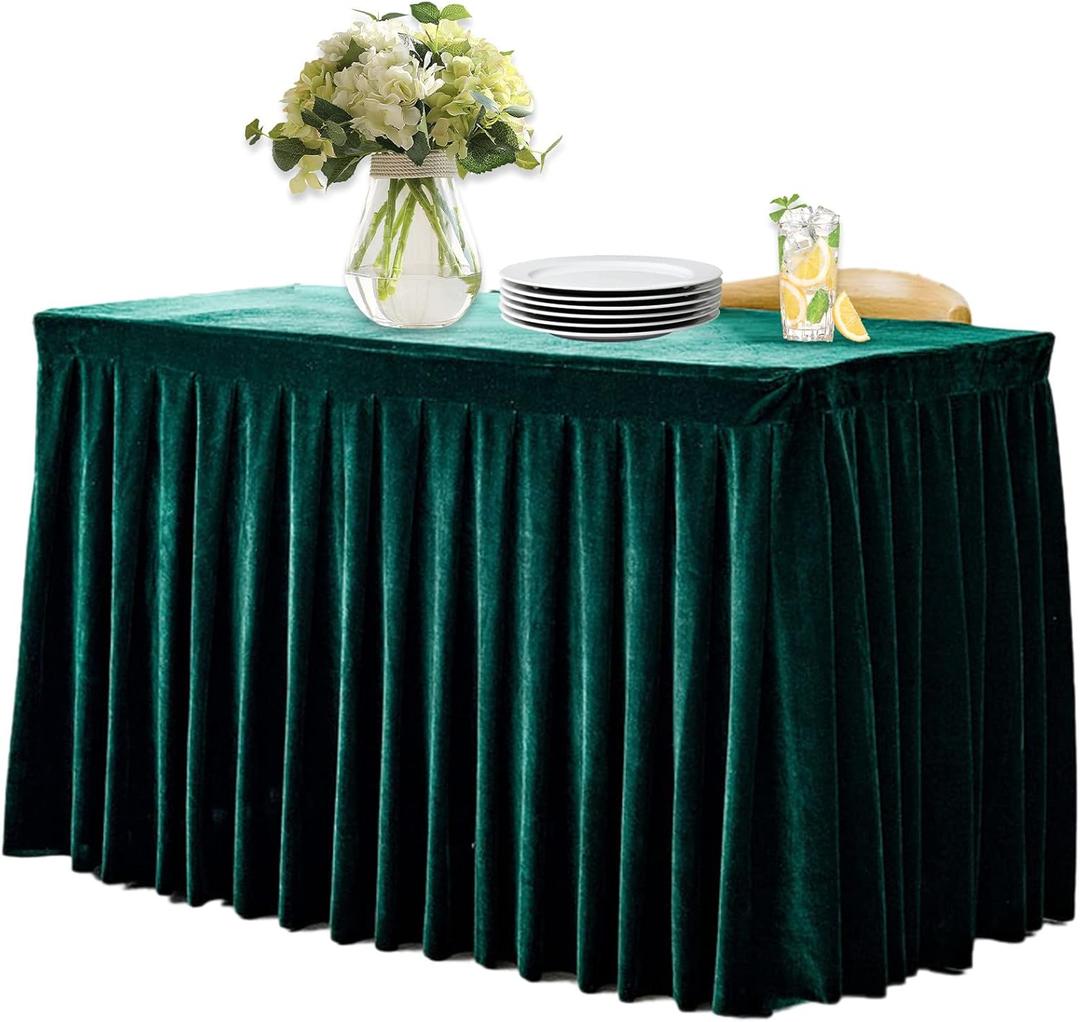 Dimatic Fitted Tablecloth Dark Green Table Skirts for Rectangle Tables Wrinkle Resistant Velvet Table Cover for Weddings, Banquets, Parties (55x24 in)