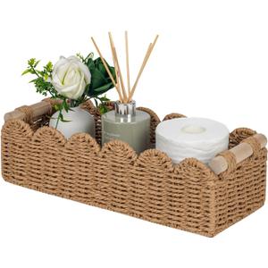 Upgraded Paper Rope Scalloped Edge Toilet Paper Storage Basket, Small Living Room, Bedroom Decor Baskets for Over Toilet Storage Shelf, End Table, Shelves and More, with 2 Wooden Handle (Neutral)