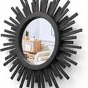 18 Inch Boho Sunburst Mirror, Round Wooden Wall Decor Starburst Sun Mirror for Bedroom, Living Room, Bathroom, Hallway, Balcony, Farmhouse Entryway, Housewarming Gift（Black