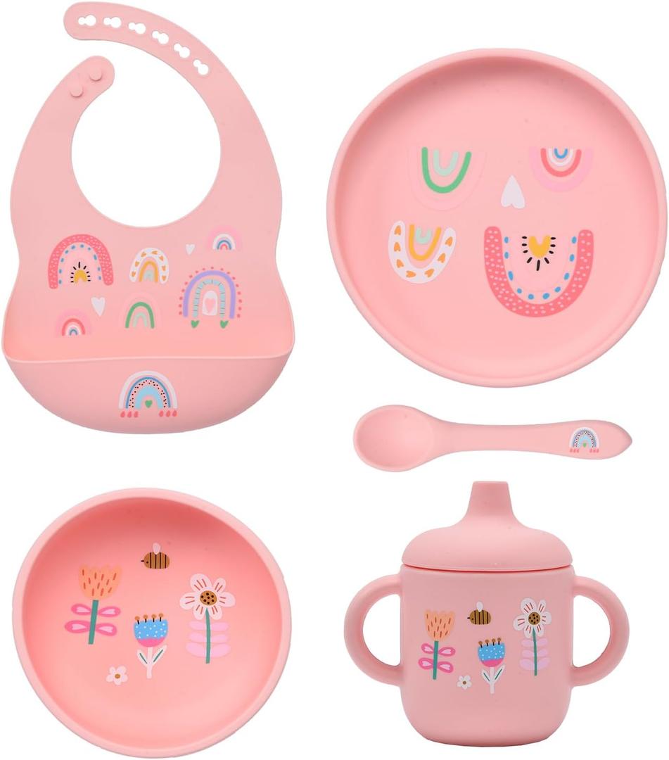 silicone baby feeding set, Baby Led Weaning Supplies Cutlery Feeding Supplies, Baby Utensils Feeding Essentials for Starting Solids5 Piece Set (Pink)