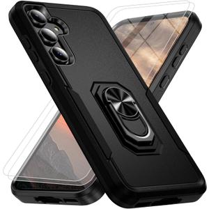 Phone Case for Samsung Galaxy S25FE [15 FT Military-Grade Drop Protection] with 2X Tempered Glass Screen Protector, Heavy-Duty Shockproof Kickstand Phone Case (Black)