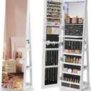 SONGMICS 6 LEDs Lockable Mirror Jewelry Cabinet, 360 Swivel Jewelry Organizer Armoire Standing, Frameless Full-Length Mirror, 3 Storage Shelves, Christmas Gifts, White Surface Black Lining JJC95W