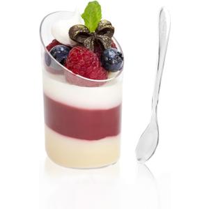 TOFLEN 100 Pack Mini Dessert Cups with Spoons, 2.2 oz Round Plastic Dessert Shooter Cups Slanted Appetizer Cups for Party Serving Jello Parfait Triffle