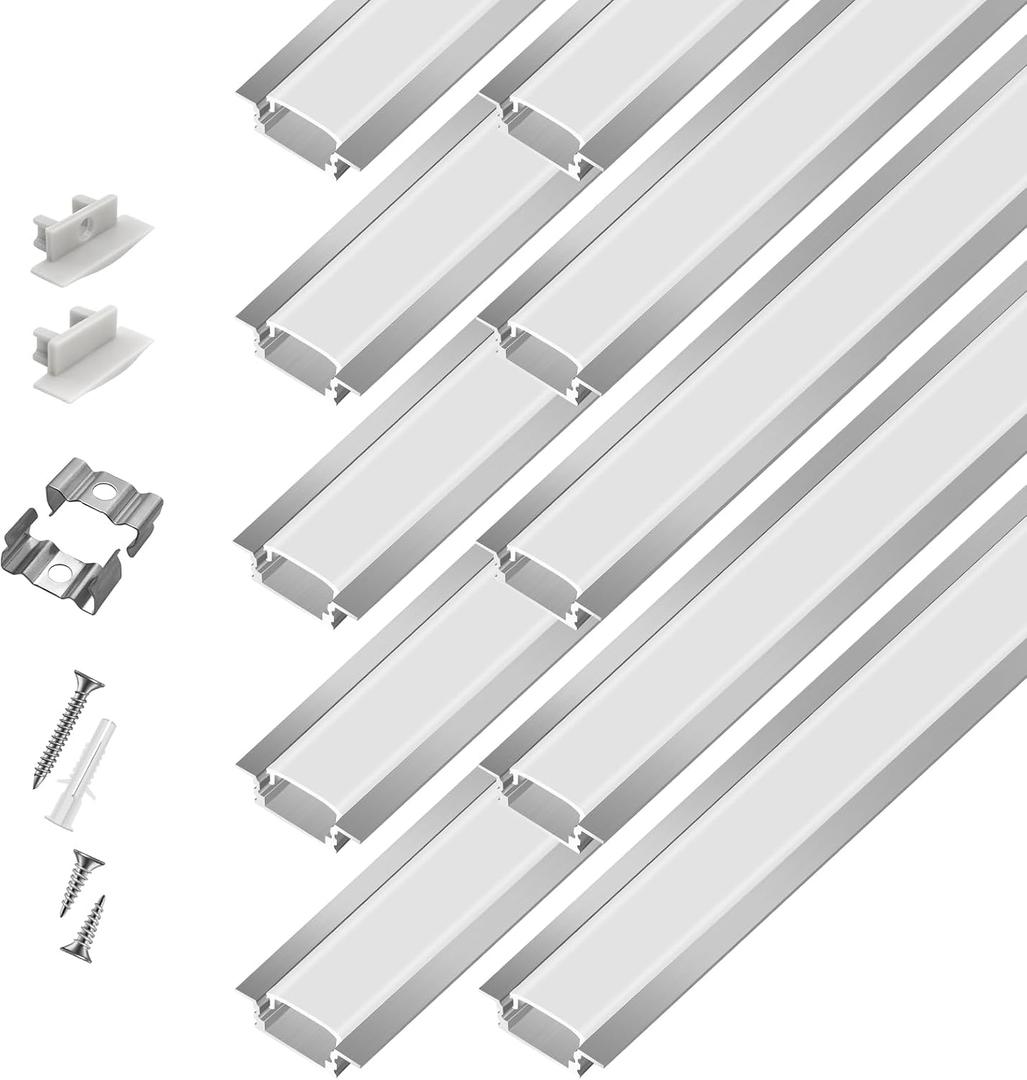 10-Pack 3.3ft/1Meter Silver Recessed LED Aluminum Channel for LED Strip Lights Diffuser Channel with Milky Cover End Caps and Mounting Clips, Flush Mounted LED Track for Ceiling Under Cabinet Closet.