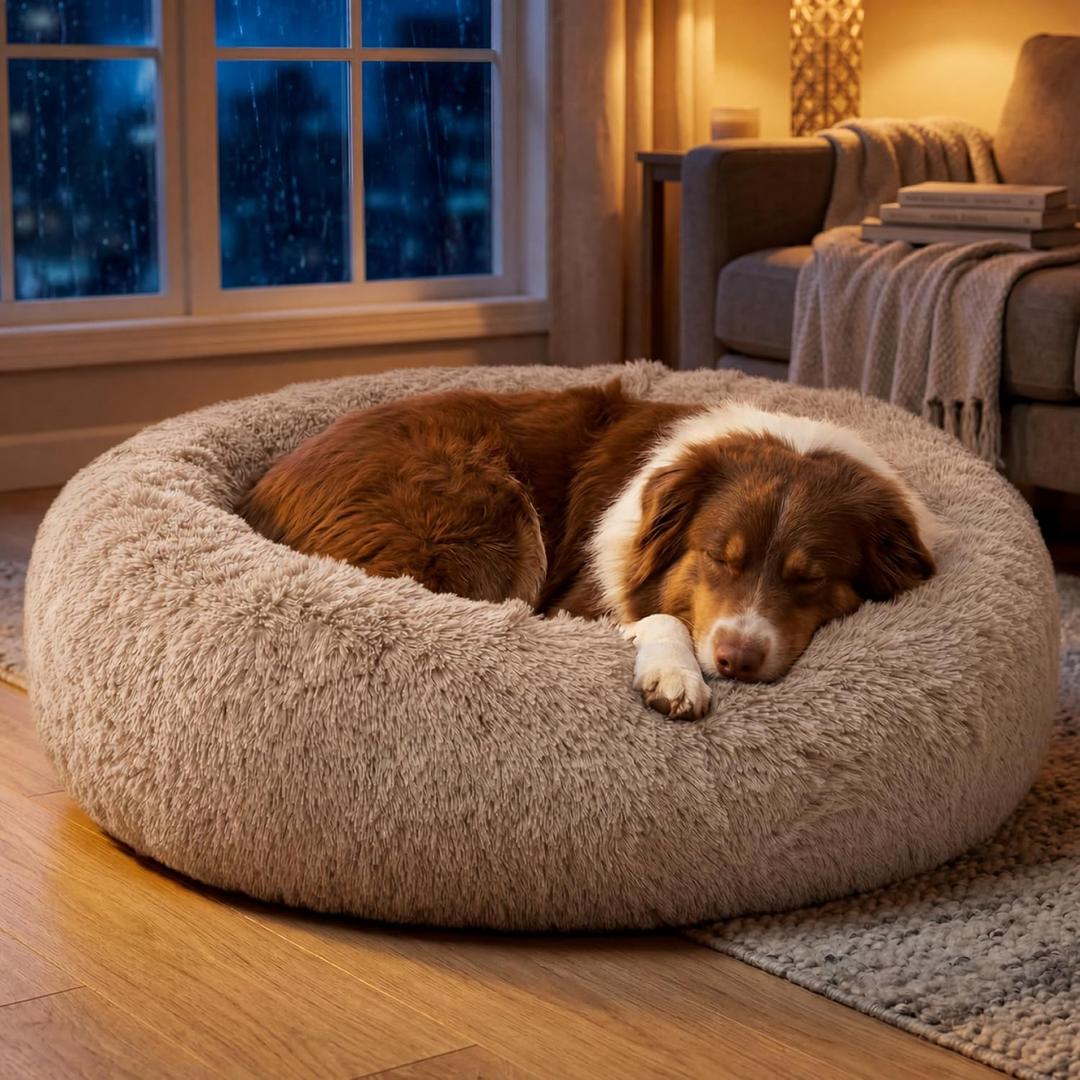 Calming Dog Beds Large Sized Dog Washable Pet Bed,36in
420GSM Plush Fluffy Donut Round,Thick Supportive,Removable Cover,Anti-Slip,Anti-Anxiety,for Big Dogs up to 80 Lbs,Camel