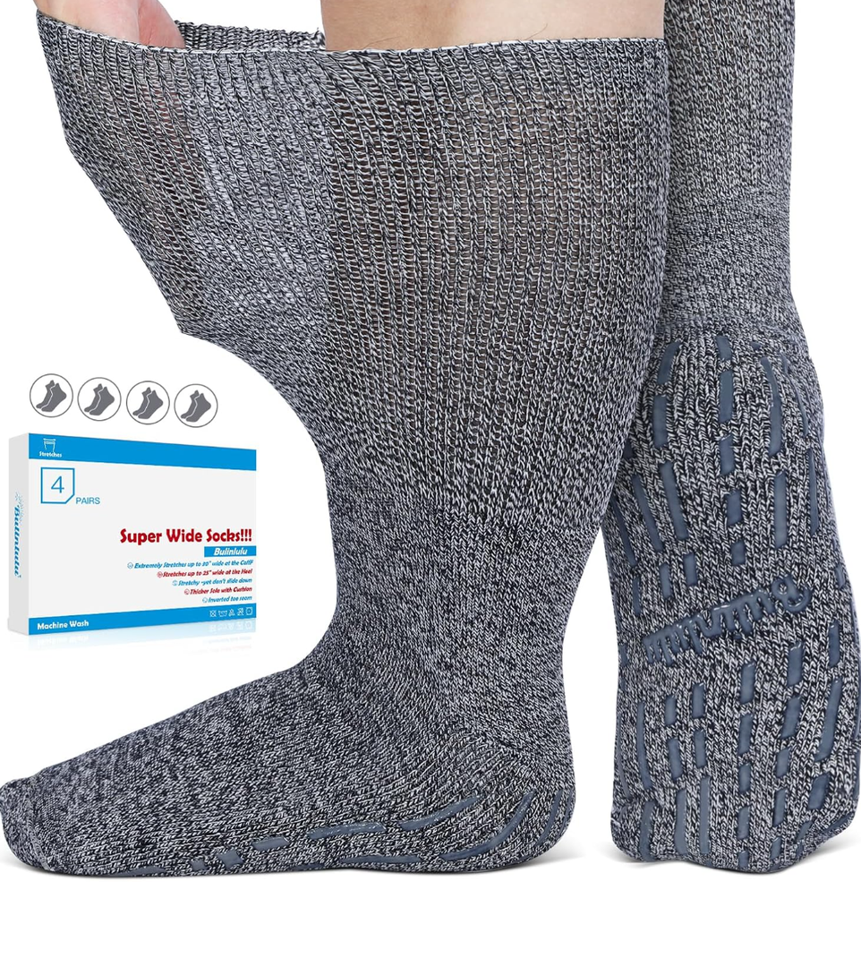Bulinlulu Extra Width Diabetic Socks Men Women-4 Pairs Wide Edema Sock for Swollen Feet,Non Slip Cast Bariatric Socks 13-15