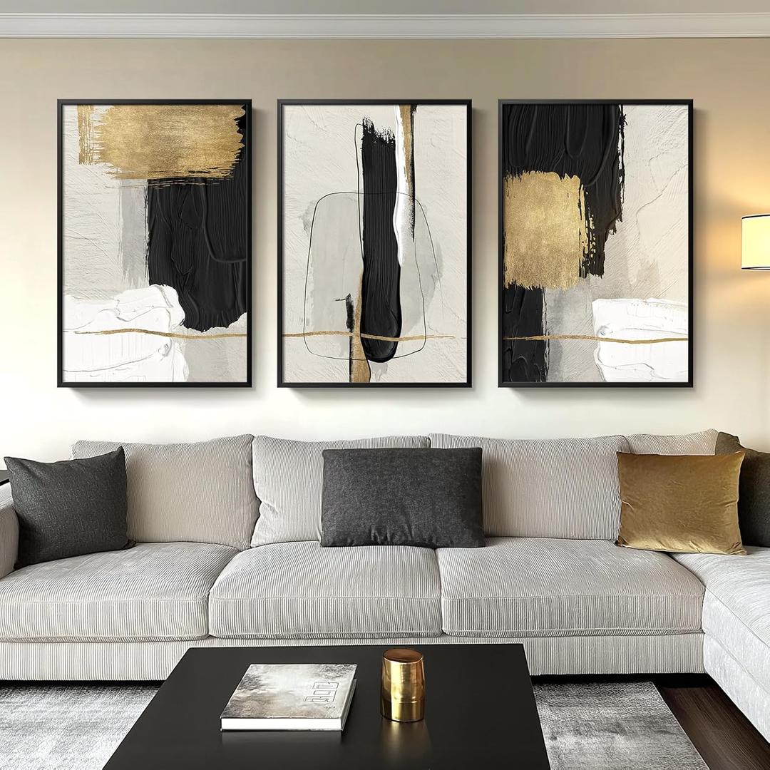 Large Framed Black and White Abstract Wall Art for Living Room, 3 Piece Big Canvas Prints Paintings Artwork for Walls, Modern Minimalist Black Gold Pictures for Hallway Office Wall Decor 24x36 Inch (Block)