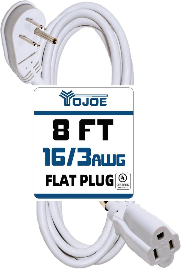 YOJOE Flat Plug Indoor Extension Cord 8 ft, 3 Prong 13A Power Cord, 16 Gauge Heavy Duty White Extension Cord for Garage, Garden and Home, 16/3 SJTW, UL Listed