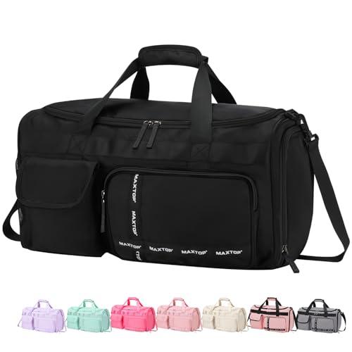 MAXTOP Large Gym Bag for Men Women with Shoe Compartment Wet Dry Separation Black Carry on Duffle Bag for Travel Sports Yoga Fitness Weekend Outdoor Activities
