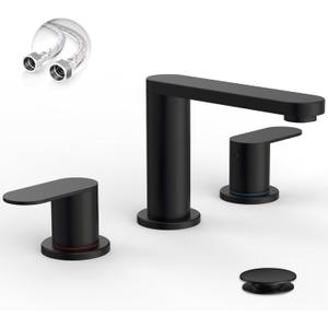 BWE Matte Black Bathroom Faucet 3 Hole - 8 Inch Widespread Bathroom Sink Faucet, Pop-up Drain and Supply Lines, 360 Swivel Spout 2-Handle Black Vanity Faucets for Bath