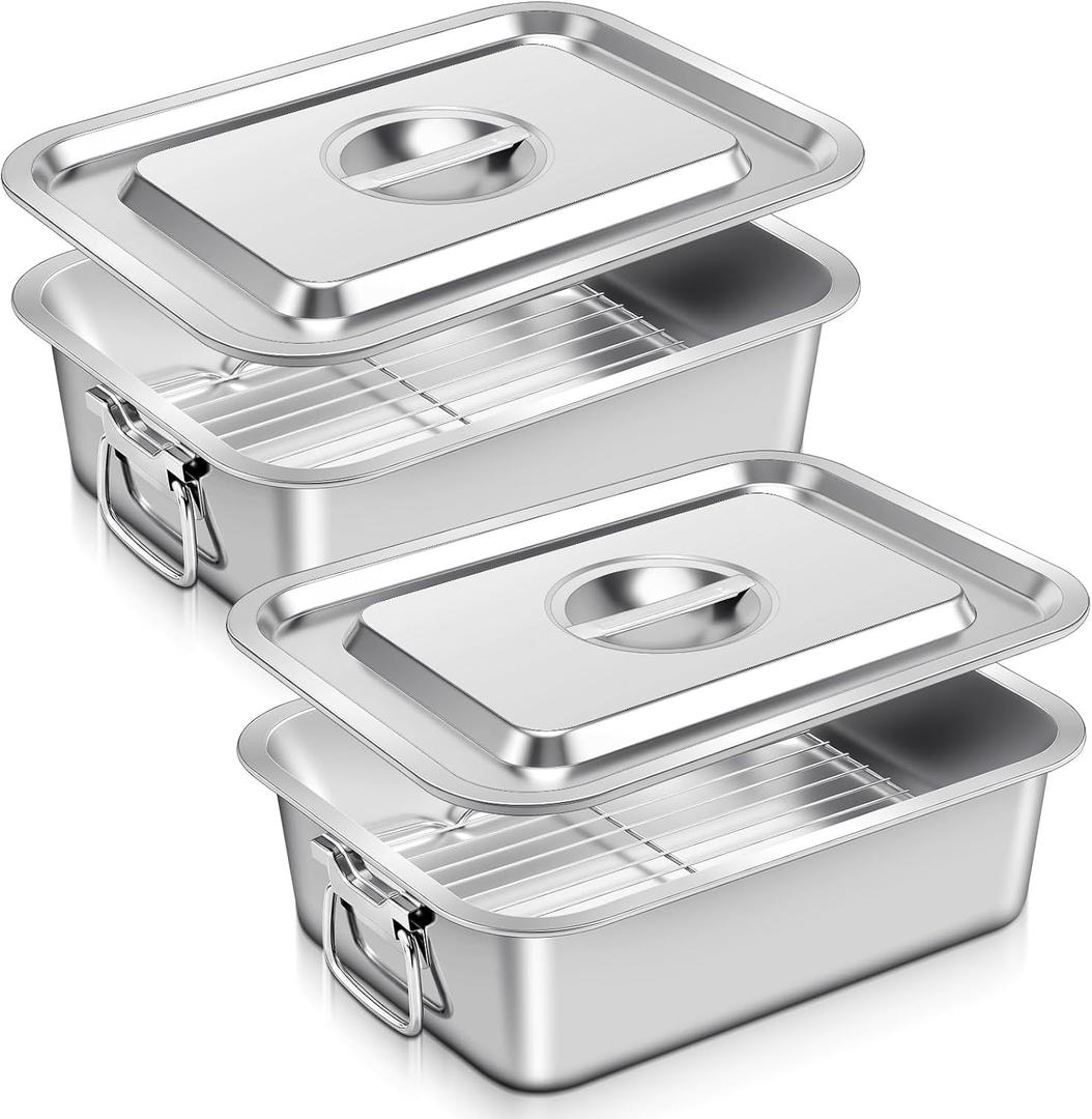 2 Pack 4 Inch Deep Lasagna Pans with Lid, Rack, Handle, 14.2 x 11 Inch 7.4 Qt Large Stainless Steel Nonstick Lasagna Baking Roasting Casserole Dishes, for Oven, Dishwasher, Family Cooking