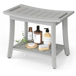 Waterproof Shower Benches for Inside Shower, Poly Lumber Shower Stool with Storage Shelf & Adjustable Feet, SPA Bathroom Seat Chair for Shaving Legs, Indoor or Outdoor Use, Grey