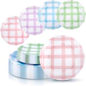 Liacere 32PCS Colorful Gingham Plastic Plates - Pink Green Gingham Plastic Plates Purple Blue 4 Colors Disposable Tableware Party Wedding Spring Holiday SuppliesSummer (Lattice)