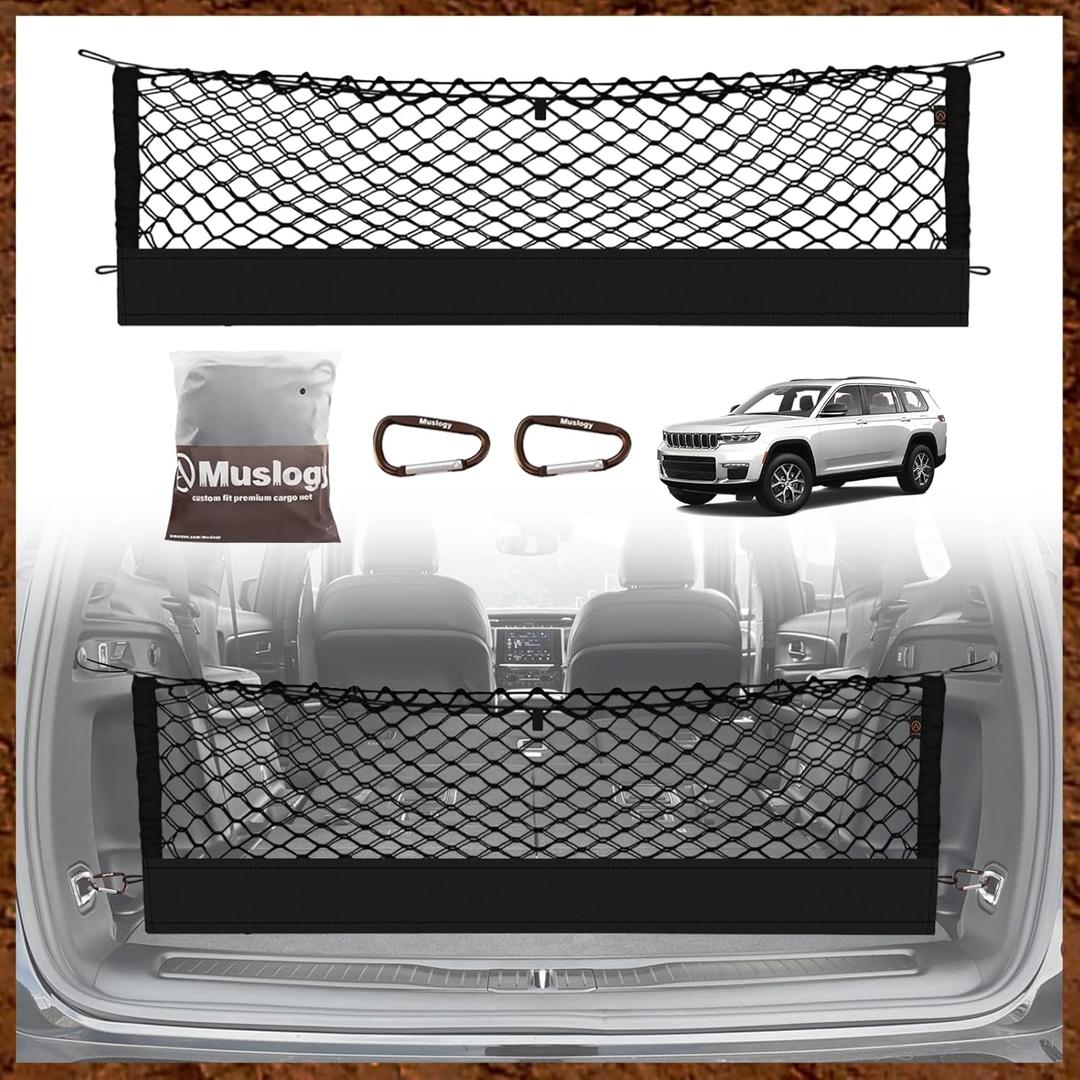 Muslogy Envelope Style Trunk Cargo Net Compatible with 2021-2025 2026 Jeep Grand Cherokee L Accessories Custom Fit Trunk Organizer Upgraded Storage Luggage Net with Metal Hooks (3-Row GCL)