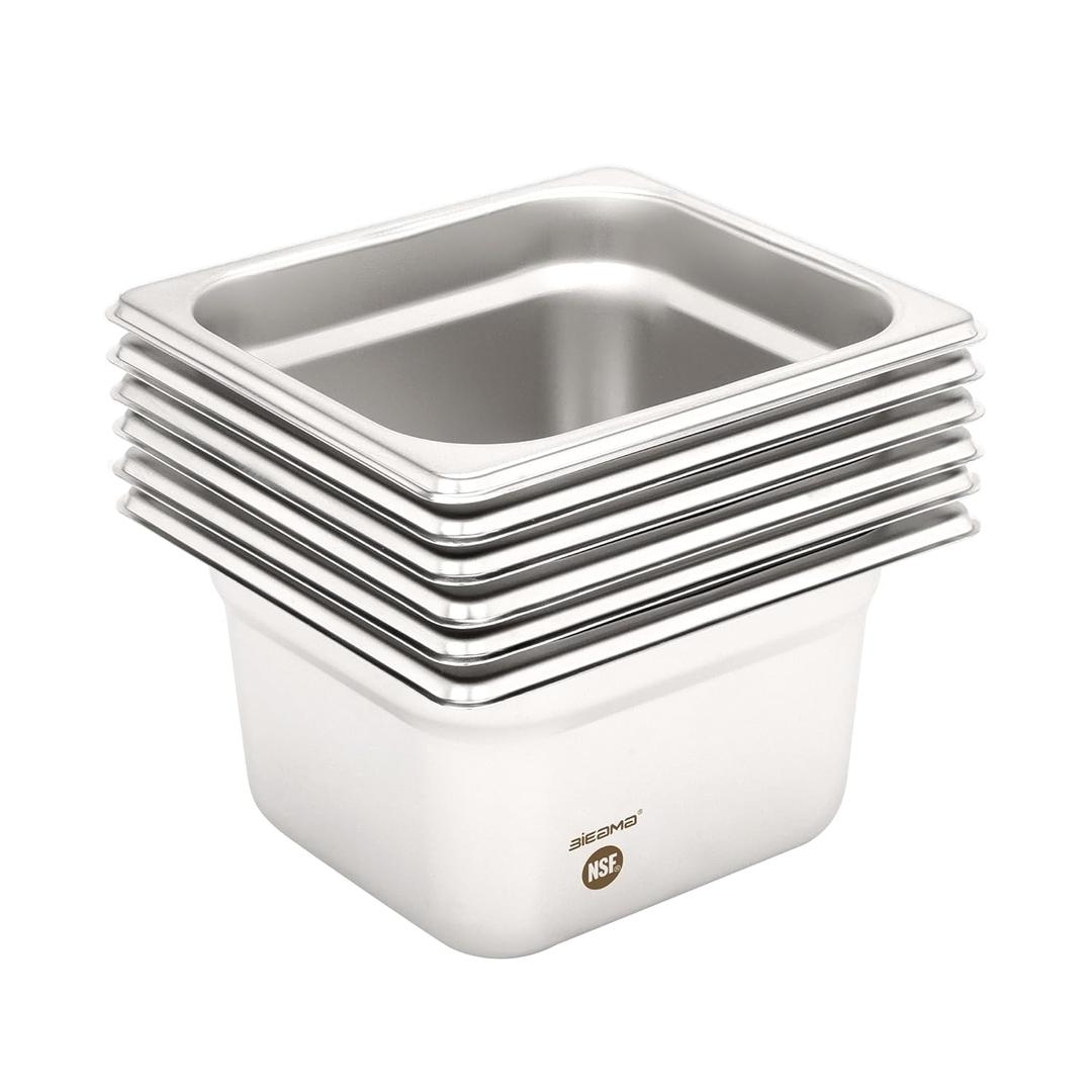 BIEAMA 6 Pack Hotel Pans, 1/6 Size 4" Deep, NSF, Commercial Stainless Steel Pan, Steam Table Pan, Catering Food Pans