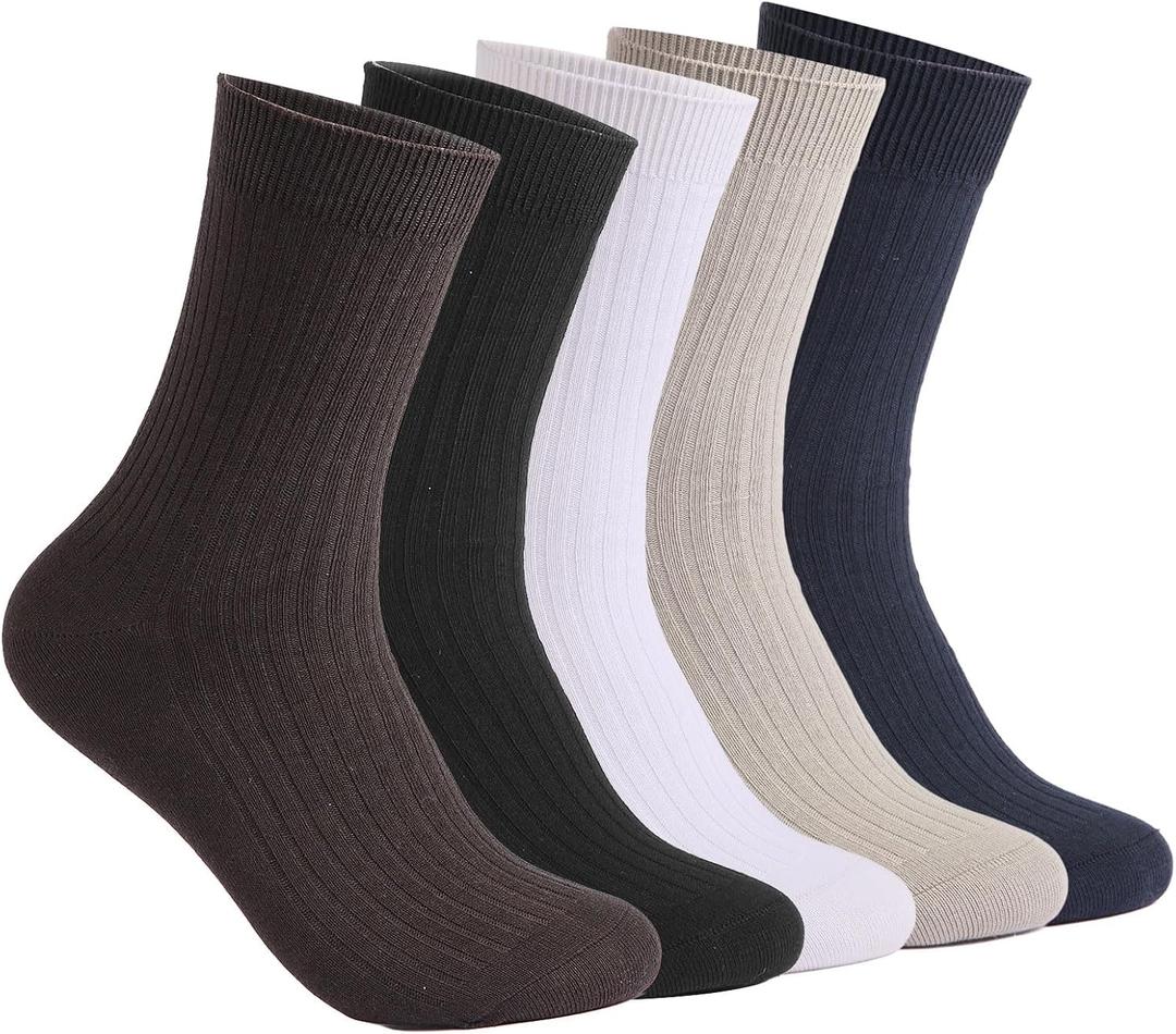 Men's Cotton Crew Socks, 5 Pairs, Anti-Odor Moisture Wicking, Double Needle Stitching, Pill-Resistant Fabric, All Season Wear (28 Gram Thin Version, 1 Pair Each in 5 Colors, Totaling 5 Pairs, 5-9)