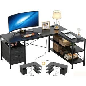 Alpen Computer Desk with Drawers, L Shaped Desk for Bedroom with Power Outlets, Gaming Table with 3 Drawers and Shelves, Corner Desk for Gaming, Study Writing PC Table, Black, 47 Inches Without Led Lights