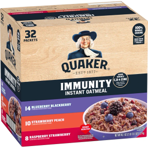 Quaker Immunity Instant Oatmeal, 3 Flavor Variety Pack, Good Source of Vitamins C, D, & Zinc, Whole Grains, No Artificial Flavors, No Colors from Artificial Sources, 1.41 oz Packets, (32 Pack) BB 03/30/26
