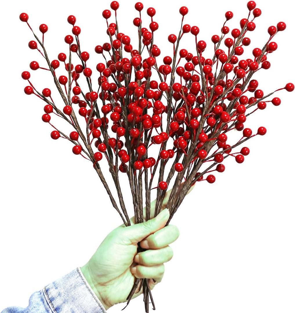 12Pcs Artificial Red Berries Stems, 13.5" Waterproof Burgundy Berry Branches for Home Holiday Wedding DIY Christmas Tree Wreath Flower Decor