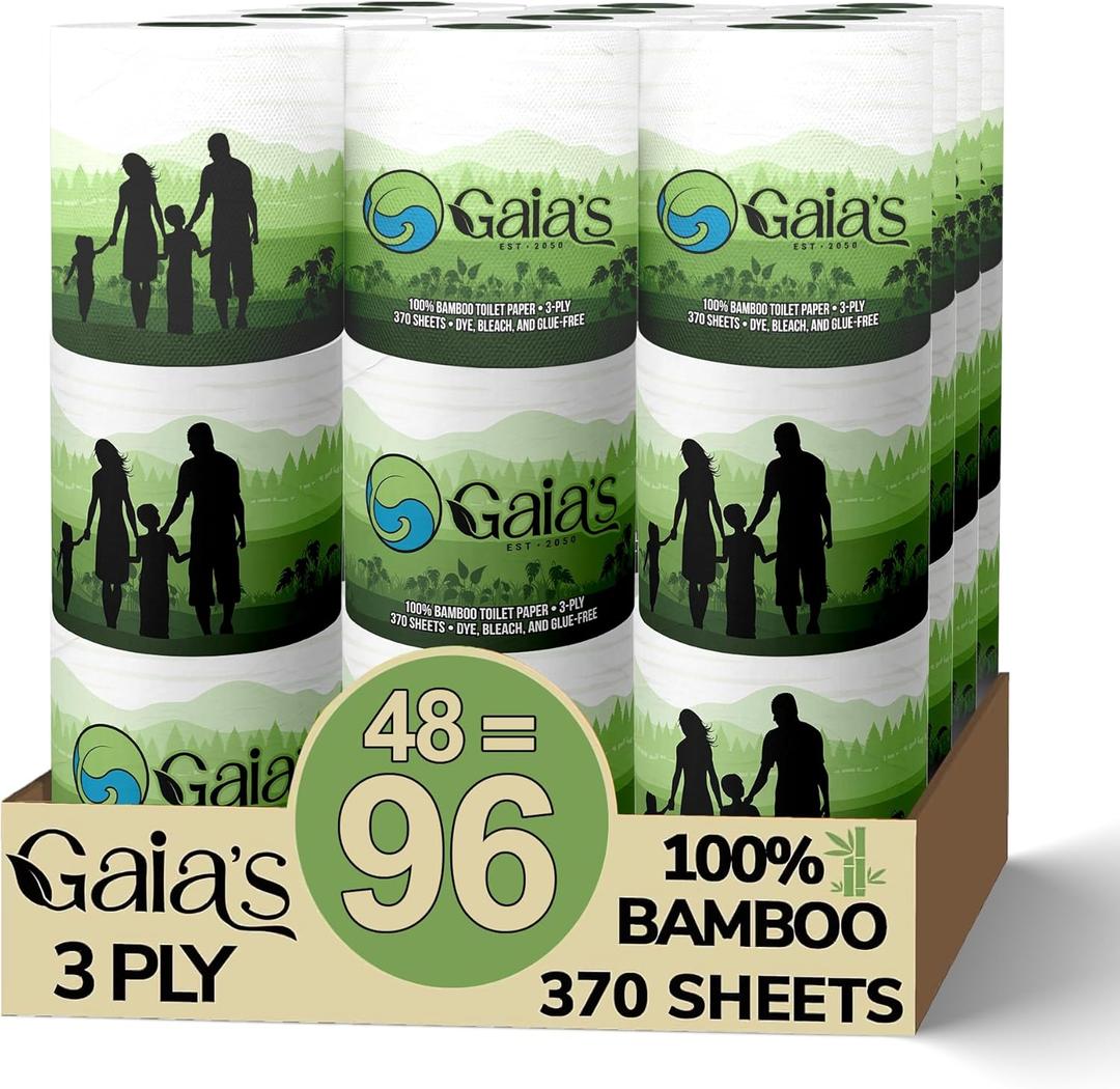 Gaias Premium and Soft Organic Bamboo Toilet Paper | 48 Mega Rolls, 3 Ply, 370 Sheets | FSC Certified, PFAS & BPA Free, Eco-Friendly, Sustainable Tissue - Plastic Free, Septic Safe, Vegan (24 roll (Pack of 2))
