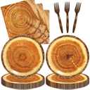 48pcs Camping Wood Grain Slice Party Decoration Set,16 Dessert plate,16 Napkin And 16 Fork,Disposable tableware for 16 persons,Used for Fire Camping Woodland Animal Lumberjack Party Supplies
