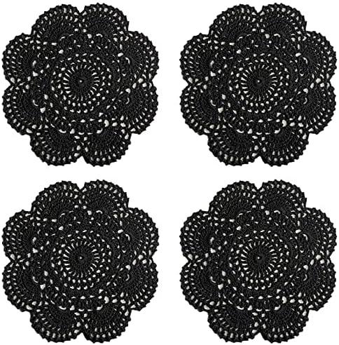 Phantomon 8 Inch Doilies Crochet Round Lace Doily Handmade Placemats 100% Cotton Crocheted Coasters, Pack of 4 (Black)