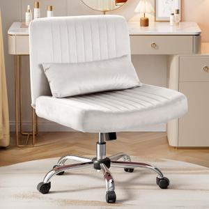 Warmiehomy Velvet Office Chair, Luxury Criss Cross Chair with Wheels, Comfy Cross Legged Desk Chair for Home Office, Stylish Vanity Chair, Wide Seat Computer Chair, Best Gift for Girls, White