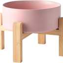 8'' Ceramic Raised Dog Bowl - 70Oz Dog Food & Water Bowl with Elevated Non-Slip Bamboo Stand, Dishwasher & Microwave Safe, Anti Vomiting Heavy Duty Pet Bowl for Medium and Large Dogs, Pink