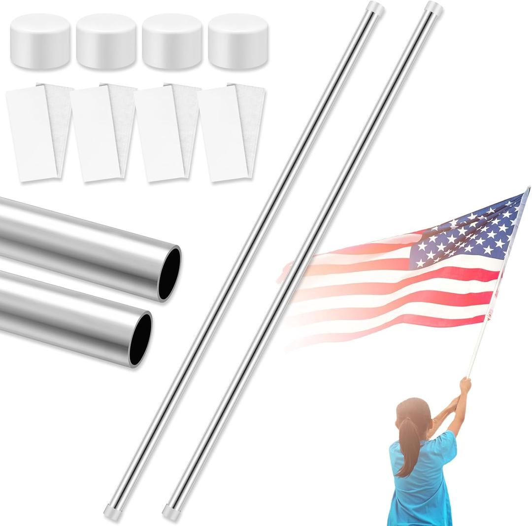 Gisafai 2 Pcs Aluminum Color Guard Flag Pole 6 ft Silver Color Guard Flag Pole Sets with 4 Plastic White End Cap 4 Fastener Strips for Silk Flag Outdoor Lightweight Standard Practice